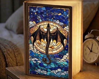 Stained Glass Style Dragon Book Lamp, Fourth Wing Decor, Fantasy Dragon Night Light, Folding Book Light for Readers, Dragon Rider Gift