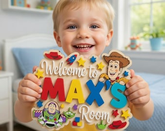 Toy Story Nursery Name Sign, Custom 3D Wood Wall Decor, Woody Buzz Lightyear Door Hanger, Personalized Kids Room Art, Welcome Sign