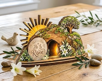 「彼は復活した」木製ブロック、キリスト教の復活シーンのサイン、春のアレルヤ宗教アート、「彼は復活した」キリスト教の装飾、イースターキリスト教