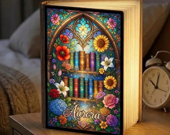 Personalized Stained Glass Style Book Lamp, Floral Bookshelf Night Light, Custom Name Gift for Book Lovers, Library Reading Nook Decor