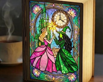 Wicked Musical Book Lamp, Stained Glass Style Elphaba Glinda Decor, Custom Wooden Night Light, Broadway Fan Gift, Wizard of Oz Art