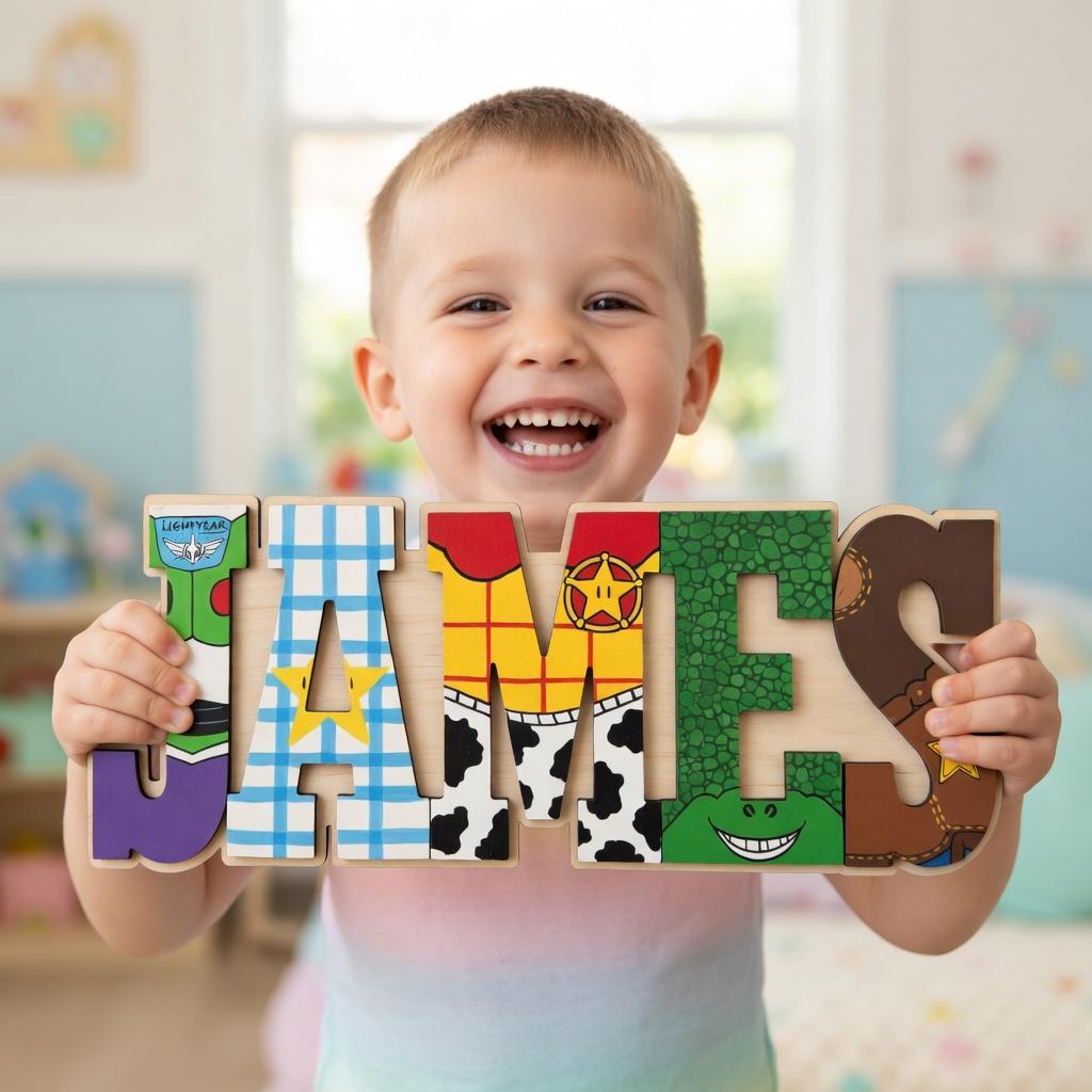 Placa de madeira personalizada com nome do Toy Story, presente personalizado com Woody e Buzz Lightyear, decoração para quarto infantil, brinquedo personalizado para criança, presente de aniversário para menino