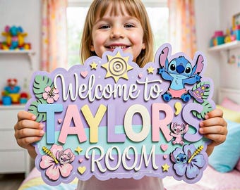 May include: A multi-layered wooden sign with the text "Welcome to TAYLOR'S ROOM" in pastel colors, featuring a sun, stars, and floral accents. The sign includes cartoon characters. The sign is held by a young girl.