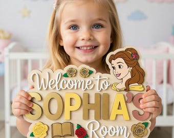 Personalized Belle Wooden Name Sign, Beauty and the Beast Door Hanger, Custom Disney Nursery Decor, Sophia's Room Wall Art, Princess Gift