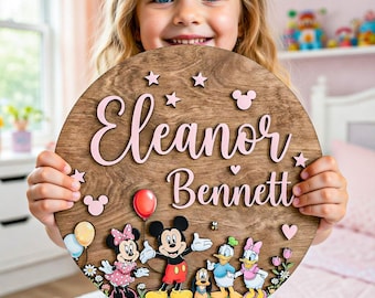Personalized Mickey and Friends Name Sign, Custom Wood Wall Decor, Mickey Minnie Donald Pluto Nursery Art, Kids Room Gift, Wooden Name Sign