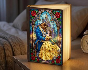 Beauty and the Beast Book Lamp, Stained Glass Belle Night Light, Fairy Tale Room Decor, Romantic Anniversary Gift, Book Lover Folding Lamp