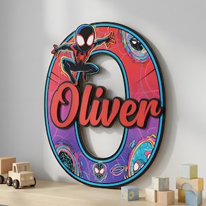 Spider-Man Custom Name Sign, Personalized Miles Morales 3D Wood Wall Art, Spider-Verse Nursery Decor, Boys Room Initial Sign, Marvel Gift