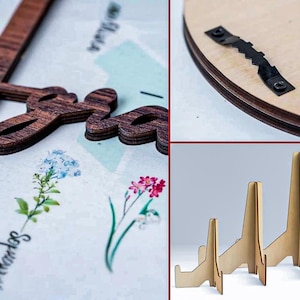 以下が含まれることがあります： 木製のレーザーカットワードアートで、筆記体のフォントで「Joy」と綴られています。濃い茶色の仕上げです。また、3つのサイズの木製ディスプレイスタンドと、金属製の鋸歯状ハンガーが付いた木製プラークも表示されています。