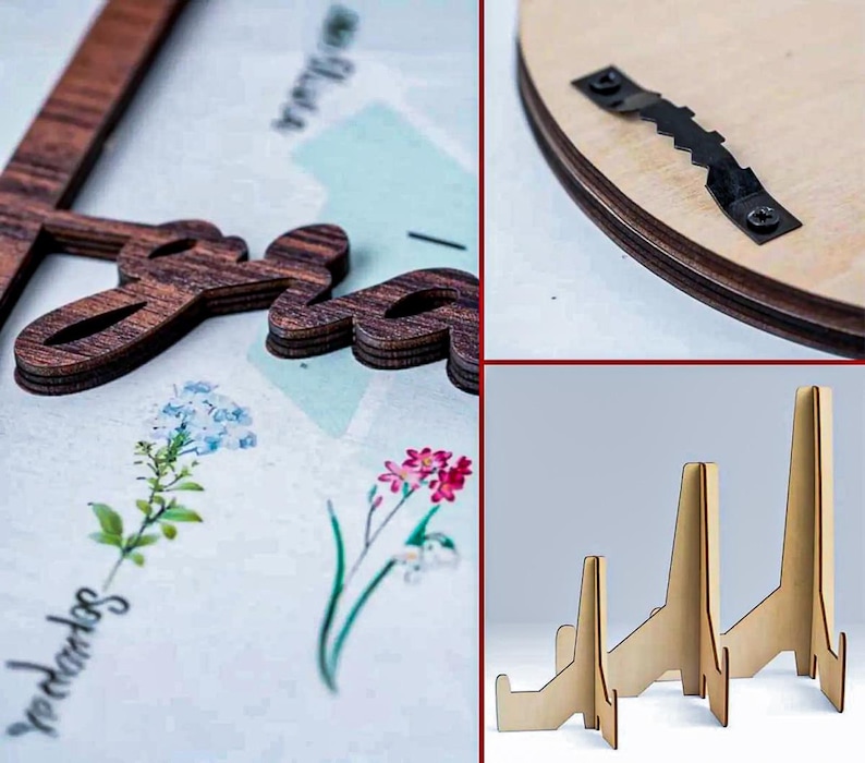 以下が含まれることがあります： 木製のレーザーカットワードアートで、筆記体のフォントで「Joy」と綴られています。濃い茶色の仕上げです。また、3つのサイズの木製ディスプレイスタンドと、金属製の鋸歯状ハンガーが付いた木製プラークも表示されています。