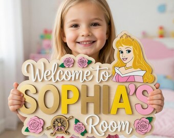 Personalized Aurora Sleeping Beauty Wooden Name Sign, Disney Room Door Hanger, Custom Disney Princess Nursery Wall Art, Girl Room Decor
