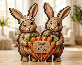Personalized Bunny Couple Wooden Block, Custom Easter Rabbit Decor, Rustic Spring Anniversary Gift for Couples, Custom Name Easter Couple
