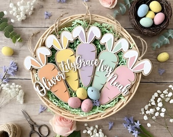 パーソナライズされたイースターバニーキャロットネームタグ、子供用カスタム木製イースターバスケットタグ、素朴な春の装飾、子供へのイースターギフト、バニーイースター