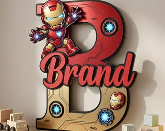 Iron Man Custom Name Sign, Personalized Superhero 3D Wood Wall Art, Marvel Nursery Decor, Avengers Room Sign, Boys Gift Initial Decor