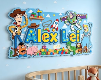 May include: A wall-mounted decorative sign featuring the name Alex Lei in large yellow letters. The sign displays colorful cartoon characters including a cowboy, a space ranger, a shepherd, a potato figure, a pig, a dinosaur, and a dog.