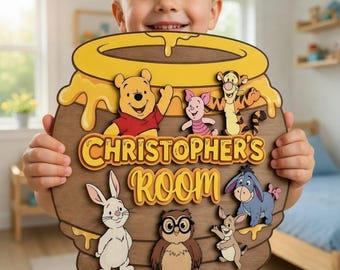 Winnie the Pooh Custom Name Sign, Personalized Honey Pot 3D Wood Wall Art, Nursery Decor, Baby Shower Gift, Tigger Piglet Eeyore Room Sign