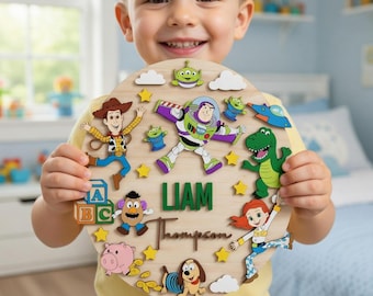 Toy Story Personalized Wooden Name Sign, Woody and Buzz Nursery Decor, Custom Disney Name Plaque, Boys Room Wall Art, 1st Birthday Gift