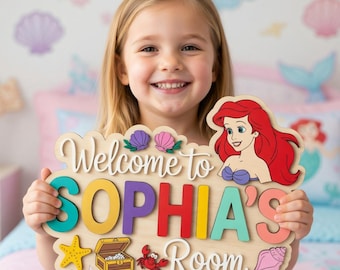 Personalized Ariel Little Mermaid Wooden Name Sign, Disney Room Door Hanger, Custom Disney Princess Nursery Decor, Under the Sea Wall Art
