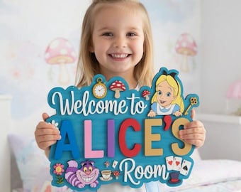 Personalized Alice in Wonderland Room Sign, Custom Name Alice Door Decor, 3D Cheshire Cat Nursery Wall Art, Whimsical Girl Wood Sign