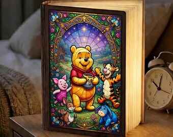Winnie the Pooh Book Lamp, Stained Glass Style Nursery Decor, Hundred Acre Wood Night Light, Tigger Piglet Eeyore Art, Kids Wooden Light Box