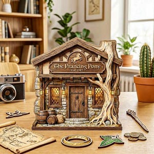 May include: A detailed wooden model of "The Prancing Pony" tavern, featuring a sign with a horse emblem. The model includes a tree, stone walls, and a wooden door. Additional wooden accessories are scattered around the model.