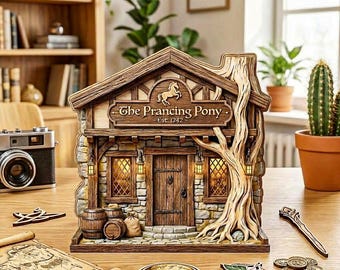 跳ねるポニーの木製ブロックアート、ロード・オブ・ザ・リングの装飾、ブリー・タバーンのホビットパブのディスプレイ、トールキンのロード・オブ・ザ・リングファンタジーの読書好きへのギフト
