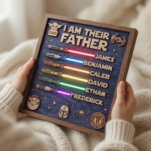 Może przedstawiać: Drewniany szyld w ramie z napisem "I AM THEIR FATHER" oraz imionami James, Benjamin, Caleb, David, Ethan i Frederick. Szyld przedstawia drewniane miecze świetlne z r&oacute;żnokolorowymi ostrzami i ikonami z motywem Gwiezdnych Wojen.