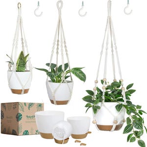 May include: White ceramic hanging planters with macrame hangers, showcasing various green plants. The planters have a cork base and wooden beads. Includes a box with the text "Bouglife Hanging Planters".