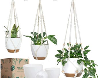 Macetas colgantes de macramé para plantas de interior y exterior (juego de 3)