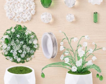 Kit de plantas con cuentas para manualidades, 610 cuentas de vidrio con cuentas de hojas de cristal, alambre para joyería y mini macetas, kit de manualidades para decoración del hogar, regalo hecho a mano.