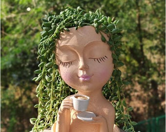 Maceta de resina con forma de rostro, maceta para interior/exterior con forma de cabeza y platillo con orificio de drenaje.