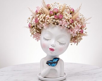 Maceta de resina con forma de cara y orificio de drenaje – Soporte para maceta con forma de cabeza de flor sonriente para interiores y exteriores