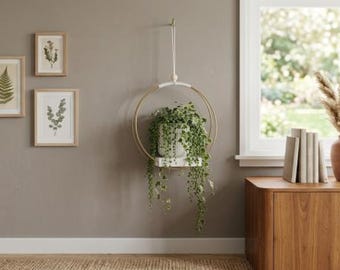 Macetas colgantes para plantas de interior, soporte para plantas con base de madera resistente.