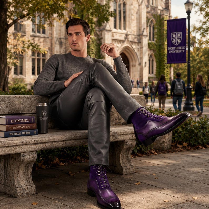 May include: A person wearing a gray sweater and leather pants, seated on a stone bench. The person is wearing purple leather boots with intricate detailing. A black tumbler and books with titles like "Economics" are on the bench.