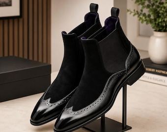 Handmade Black Chelsea Boots – Men's Suede & Leather Wingtip Dress Boots