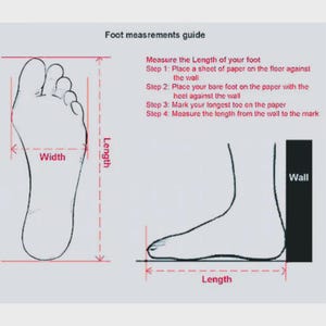 May include: Diagram illustrating foot measurement instructions. The image shows a foot outline with labeled width and length, alongside a side view of a foot against a wall. Text provides a step-by-step guide to measure foot length.