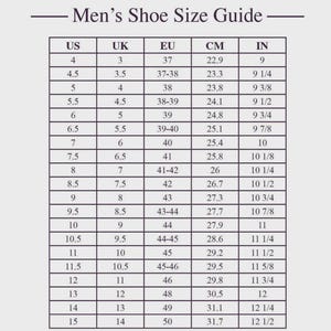 May include: Men's shoe size conversion chart with US, UK, EU, CM, and IN measurements. Includes sizes from US 4 (22.9 cm, 9 in) to US 15 (31.7 cm, 12 1/2 in). Useful for international shoe size conversions.