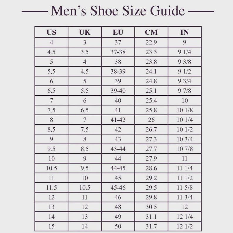 May include: Men's shoe size conversion chart with US, UK, EU, CM, and IN measurements. Includes sizes from US 4 (22.9 cm, 9 in) to US 15 (31.7 cm, 12 1/2 in). Useful for international shoe size conversions.
