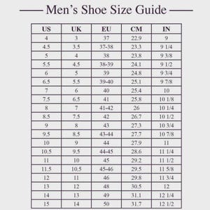 May include: A shoe size conversion chart for men, with US, UK, EU, CM, and IN measurements. The chart includes sizes from US 4 (22.9 cm, 9 in) to US 15 (31.7 cm, 12 1/2 in), providing a guide for international shoe sizing.