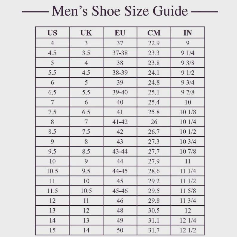 May include: A shoe size conversion chart for men, with US, UK, EU, CM, and IN measurements. The chart includes sizes from US 4 (22.9 cm, 9 in) to US 15 (31.7 cm, 12 1/2 in), providing a guide for international shoe sizing.