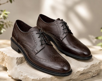 Handgemaakte bruinleren oxfordschoenen voor heren | Formele brogueschoenen met vleugeltip