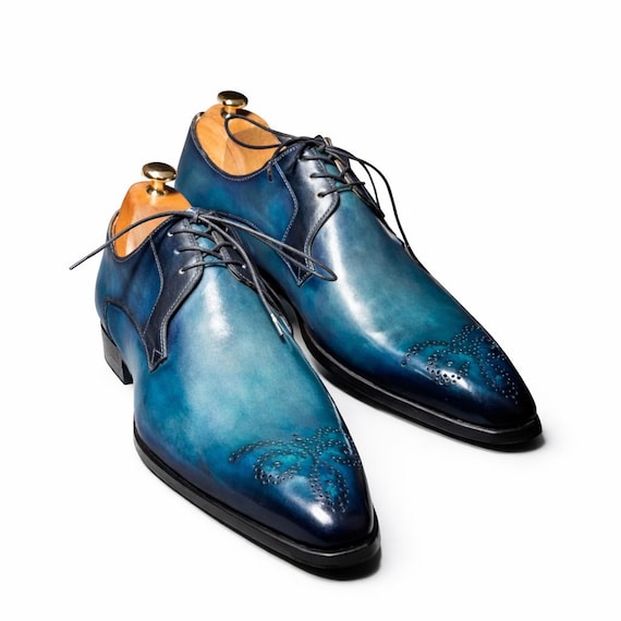 Men’s Sky Blue Leather Derby Shoes – Bespoke Brogue Lace-Up Formal Dress Footwear