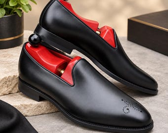 Handmade Mens Black Leather Loafers | Classic Slip On Formal Shoes