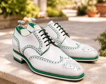 Handgemaakte Oxford-brogueschoenen voor heren – witte en groene leren vleugeltipleren geklede schoenen