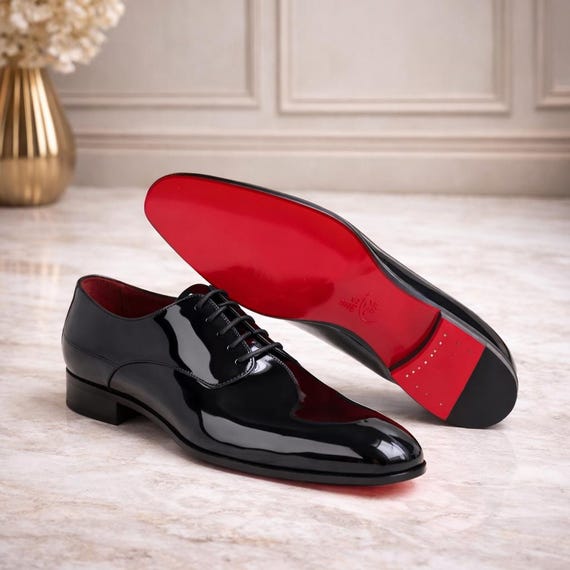 Christian Louboutin Men’s Black Patent Leather Oxford Shoes |  Red Sole | Formal & Wedding Wear