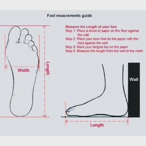 May include: Diagram illustrating foot measurement instructions. The image shows a foot outline with labeled width and length, alongside text explaining how to measure foot length for shoe sizing. The text reads "Foot measurements guide".
