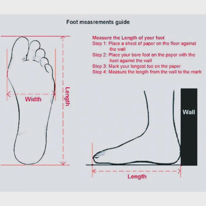 May include: Diagram illustrating foot measurement instructions. The image shows a foot outline with labeled width and length, alongside text explaining how to measure foot length for shoe sizing. The text reads "Foot measurements guide".