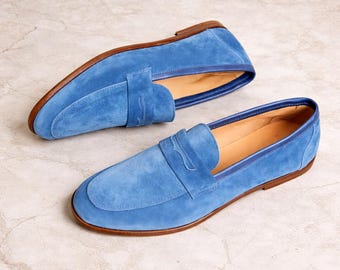 Mocassins en daim bleu pour homme, faits main | Chaussures habillées classiques Penny à enfiler