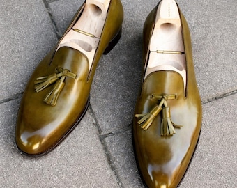 Mocassins homme en cuir ombré vert | Chaussures habillées sans lacets