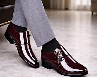 Men’s Burgundy Patent Leather Handmade Luxury Formal Shoes | Wedding & Business Evening Footwear