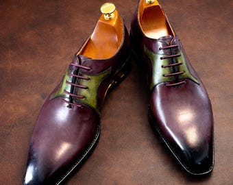 Ręcznie malowane, patynowane buty typu Oxford dla mężczyzn – bordowe i oliwkowe, luksusowe obuwie formalne